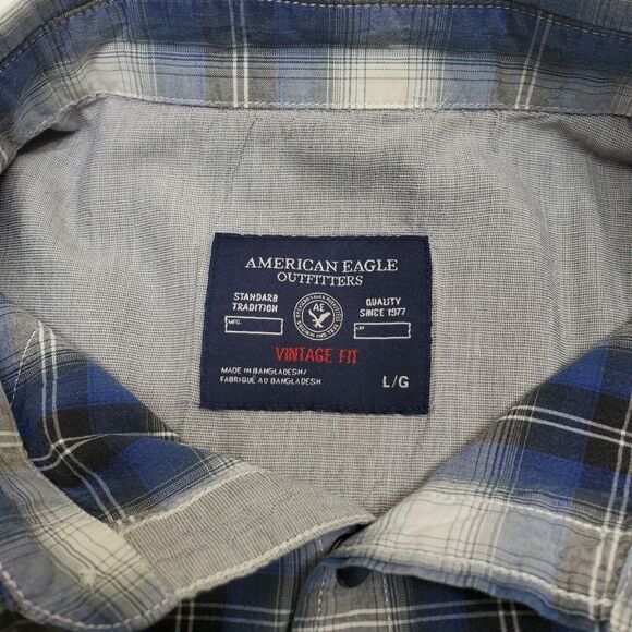 American Eagle Outfitters Gray Blue Plaid Pearl Snap Shirt Vintage Fit Men’s L - Picture 12 of 13